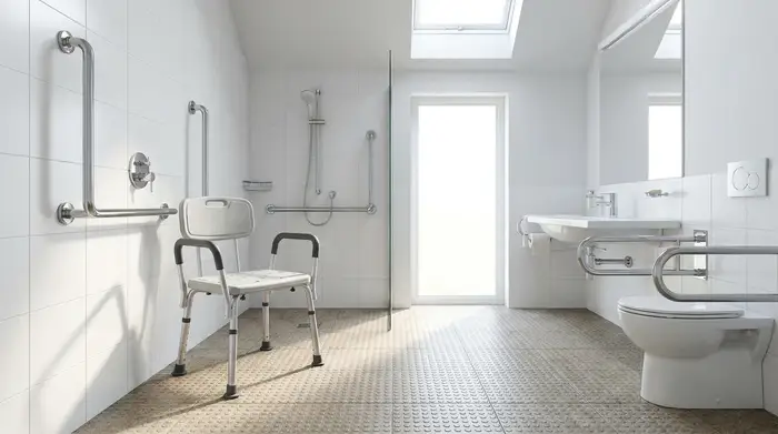 Ein helles, barrierefreies Badezimmer mit einer ebenerdigen Dusche. An der Wand sind stabile, verchromte Haltegriffe montiert, und ein ergonomischer Duschhocker steht sicher auf rutschfesten Fliesen.