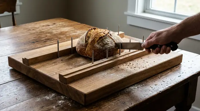 Ein massives hölzernes Schneidebrett mit speziellen Fixierstiften auf einem Esstisch. Ein frisches Brot liegt darauf, bereit, mit nur einer Hand sicher geschnitten zu werden.