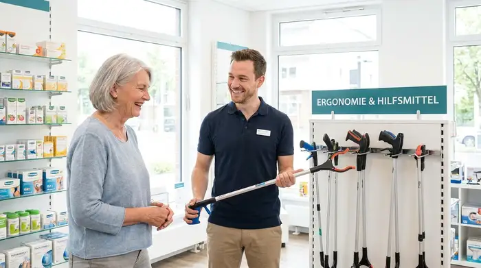 Ein freundlicher Berater in einem hellen Sanitätshaus zeigt einer älteren Dame verschiedene ergonomische Greifhilfen. Beide lächeln und wirken entspannt während der professionellen Beratung.