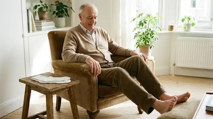 Ein älterer Herr sitzt entspannt in einem weichen Sessel und betrachtet seine Füße. Neben ihm liegt ein Paar nahtlose, weiße Diabetikersocken auf einem kleinen Holztisch. Helles, freundliches und aufgeräumtes Zimmer.