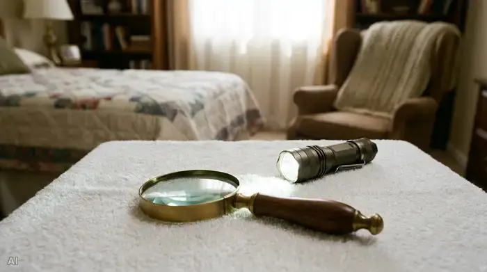 Eine Lupe und eine kleine, leuchtstarke Taschenlampe liegen bereit auf einem sauberen, weißen Handtuch. Im Hintergrund ist unscharf das gemütliche Schlafzimmer eines Seniors zu erkennen. Keine Texte im Bild.