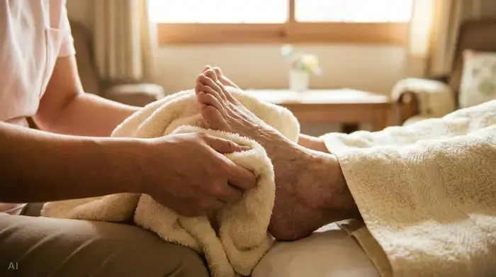 Die Hände einer Pflegerin trocknen behutsam die Füße einer älteren Dame mit einem weichen, flauschigen Handtuch ab. Die Szene strahlt Ruhe und Fürsorge aus, fokussiert auf die sanfte Berührung.