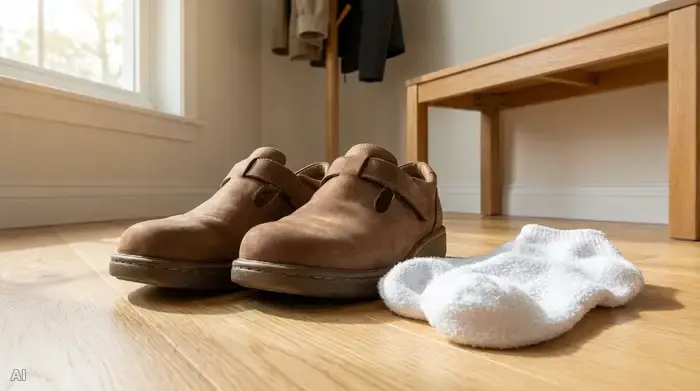 Ein Paar bequeme, weite und geschlossene Gesundheitsschuhe stehen ordentlich auf einem hellen Holzboden im Flur. Daneben liegt ein strahlend weißes Paar weicher Baumwollsocken.