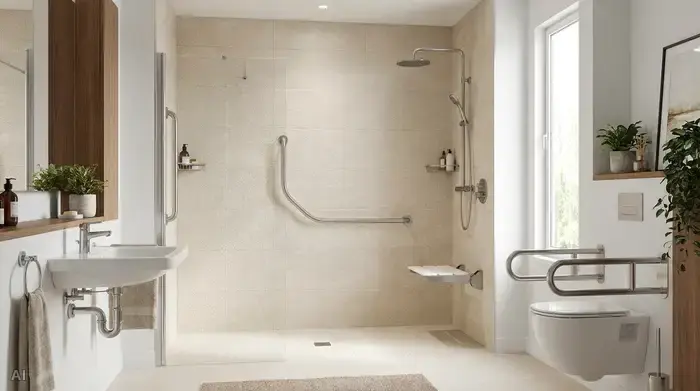 Ein modernes, barrierefreies Badezimmer mit einer bodengleichen Dusche, hellen, rutschfesten Fliesen und einem stabilen metallischen Haltegriff an der Wand. Die Umgebung wirkt sauber, sicher und einladend.