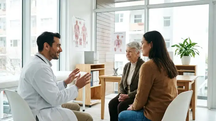 Ein freundlicher männlicher Arzt in einem hellen Behandlungszimmer erklärt einer älteren Patientin und ihrer Tochter geduldig etwas. Er macht beruhigende Handgesten. Die Umgebung wirkt professionell, sauber und vertrauensvoll.