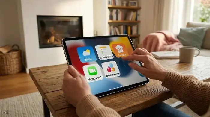 Nahaufnahme von Händen, die auf ein modernes Tablet mit großen, bunten Bildsymbolen tippen. Das Tablet liegt auf einem Holztisch in einem gemütlichen Zuhause. Das Bild strahlt technologische Unterstützung aus.