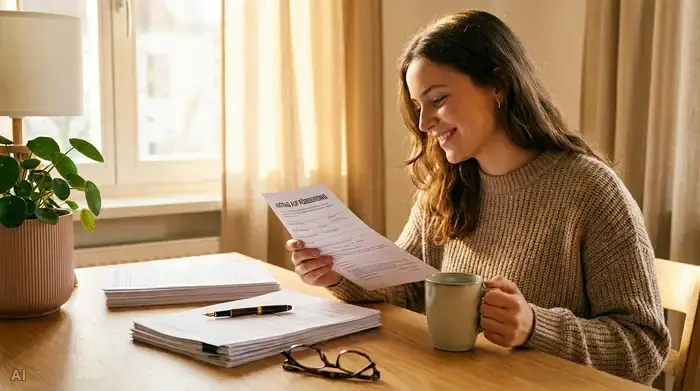 Ein aufgeräumter Schreibtisch mit Dokumenten, einem Stift und einer Brille. Eine junge Frau sitzt entspannt bei einer Tasse Kaffee und liest zufrieden in einem Formular. Das Licht ist warm und strahlt Positivität aus.