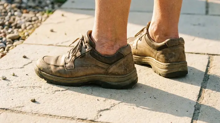 Eine Nahaufnahme der Füße einer älteren Person in bequemen, stabilen Schuhen, die sicher auf einem hellen, sauberen Gehweg im warmen Sonnenlicht steht.