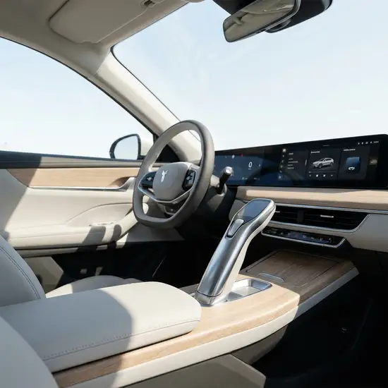 Ein moderner, sauberer Autoinnenraum mit einem eleganten Handbediengerät neben dem Lenkrad, helles Tageslicht fällt durch die große Windschutzscheibe.