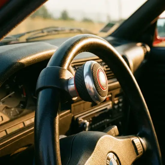 Ein ergonomischer Lenkradknauf an einem schwarzen Lederlenkrad in einem gepflegten Fahrzeug, beleuchtet von sanftem Nachmittagslicht.