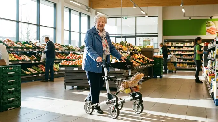 Eine freundliche ältere Dame mit einem leichten, modernen Rollator, der einen kleinen Korb hat, schlendert entspannt durch die Gänge eines hellen Supermarkts.