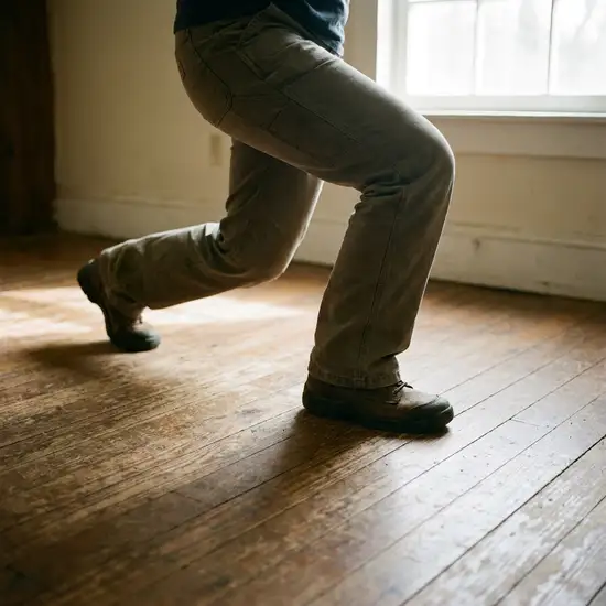Nahaufnahme der Beine einer Pflegeperson in stabiler Schrittstellung auf einem sauberen Holzboden. Die Knie sind leicht gebeugt, was eine rückenschonende Haltung verdeutlicht. Natürliches Licht, realistische Darstellung.