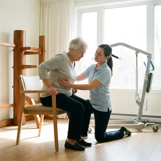 Eine Pflegeperson demonstriert in einem hellen Raum eine rückenschonende Haltung, indem sie das Gewicht sanft verlagert, anstatt zu heben. Die Szene ist ruhig, professionell und vermittelt Sicherheit.