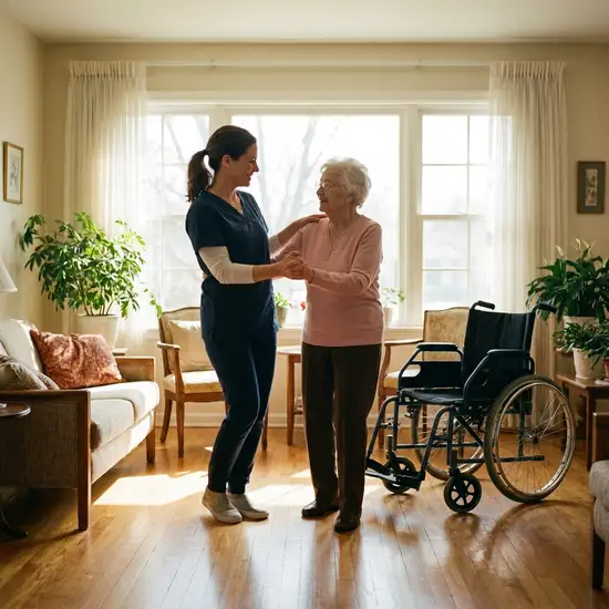 Eine Pflegeperson und eine ältere Dame drehen sich in kleinen, synchronen Schritten gemeinsam in Richtung eines Rollstuhls. Eine harmonische, fließende Bewegung im gut beleuchteten Raum.