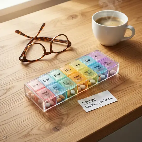 Eine detailreiche Nahaufnahme eines modernen Wochendispensers für Medikamente auf einer sauberen Holzoberfläche. Daneben liegt eine aufgeschlagene Lesebrille und eine weiße Kaffeetasse, was eine entspannte, gut strukturierte morgendliche Routine suggeriert.