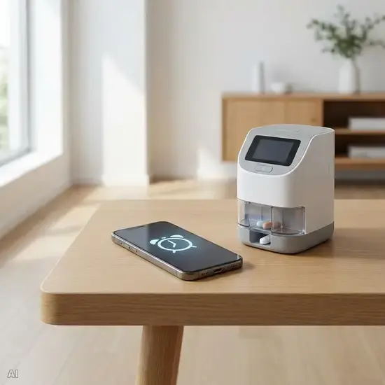 Ein modernes Smartphone liegt auf einem Tisch und zeigt auf dem leuchtenden Display ein Weckersymbol, daneben steht ein elektronischer Tablettenspender. Die Szene wirkt modern, aufgeräumt und symbolisiert technische Unterstützung im Alltag.
