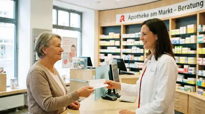 Eine ältere Dame übergibt in einer hellen, freundlichen Apotheke ein Rezept an einen lächelnden Apotheker im weißen Kittel. Im Hintergrund sind unscharfe Regale mit verschiedenen Gesundheitsartikeln zu sehen, die Szene strahlt professionelle Beratung aus.