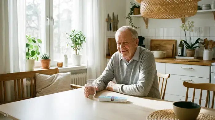 Ein älterer Herr sitzt am Küchentisch und hält ein Glas Wasser. Vor ihm liegt eine kleine, übersichtliche Medikamentenbox. Der Raum ist lichtdurchflutet und ordentlich.