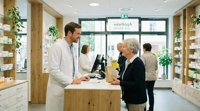 Ein freundlicher Apotheker in einem weißen Kittel berät eine lächelnde ältere Frau. Sie stehen in einer modernen, hellen Apotheke. Die Frau hält eine kleine Papiertüte in der Hand.