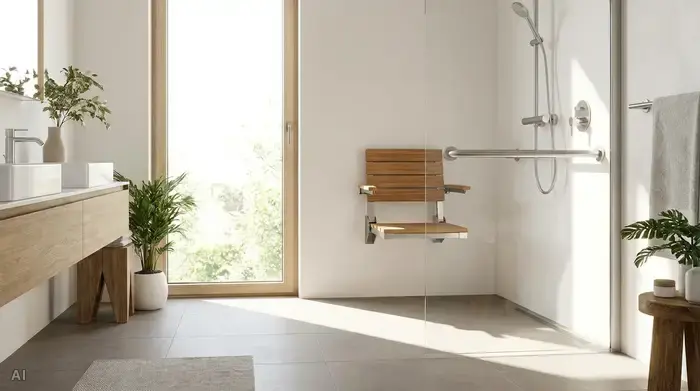 Ein modernes, helles Badezimmer mit einer bodengleichen Dusche. In der Dusche befindet sich ein stabiler, an der Wand montierter Klappsitz und ein eleganter Haltegriff aus Edelstahl. Der Boden besteht aus matten, rutschfesten Fliesen.