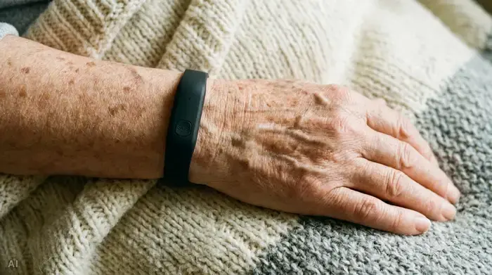 Eine Nahaufnahme des Handgelenks einer älteren Person, die ein modernes, unauffälliges Hausnotruf-Armband trägt. Die Hand ruht entspannt auf einer weichen Kuscheldecke.
