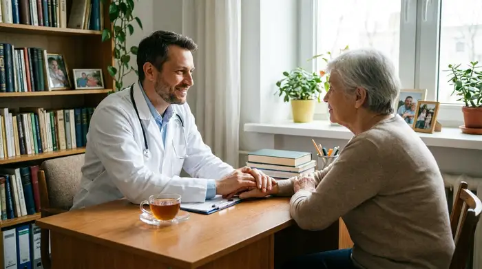 Ein empathischer Hausarzt im weißen Kittel sitzt am Schreibtisch und spricht zugewandt mit einer älteren Patientin. Warme Praxisatmosphäre, Vertrauen ausstrahlend.