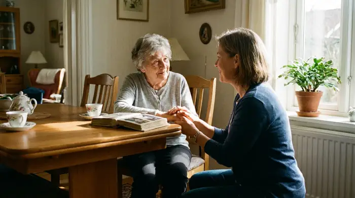 Eine geduldige Pflegekraft sitzt auf Augenhöhe mit einer älteren Dame am Esstisch und hält beruhigend ihre Hand. Die Dame blickt vertrauensvoll zur Pflegekraft.