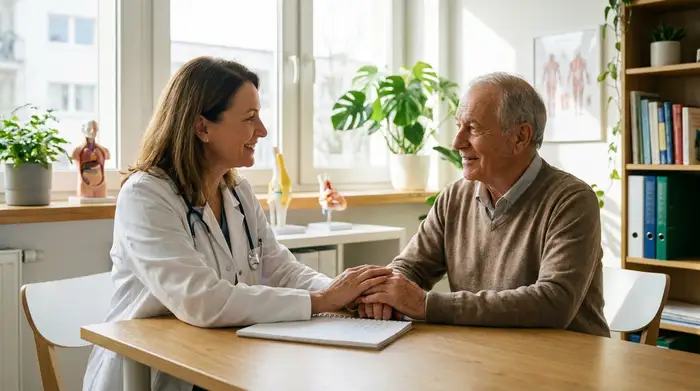 Ein freundlicher Arzt in einem weißen Kittel sitzt in einer hellen Praxis an einem Schreibtisch und berät einen aufmerksamen älteren Patienten in einem vertrauensvollen Gespräch.