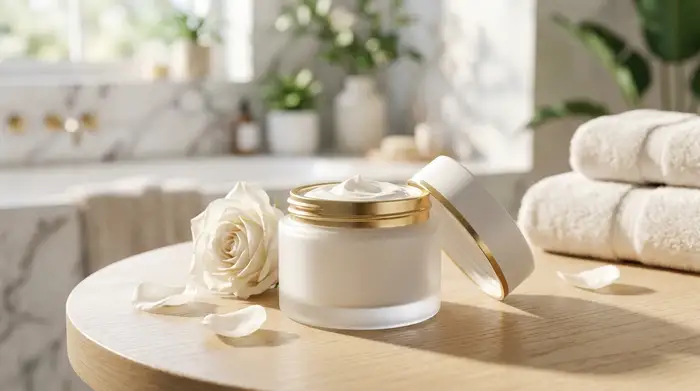 Eine sanfte, weiße Hautcreme in einem eleganten, geöffneten Tiegel neben einer zarten weißen Blume auf einem hellen Holztisch, im Hintergrund ein unscharfes, sauberes Badezimmer-Ambiente.