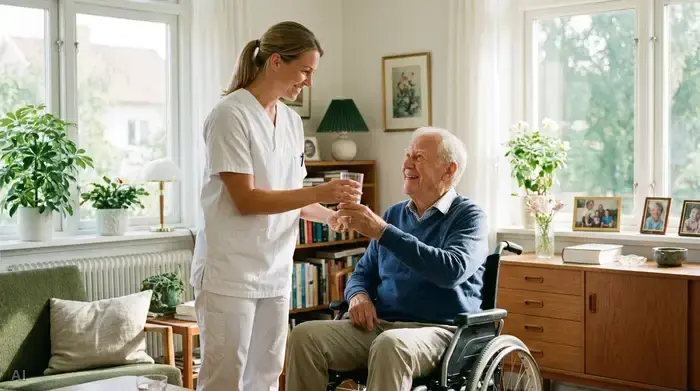 Eine freundliche Pflegekraft in weißer Dienstkleidung reicht einem lächelnden Senioren im Rollstuhl ein Glas Wasser. Helles Wohnzimmer, vertrauensvolle Stimmung, saubere Umgebung.