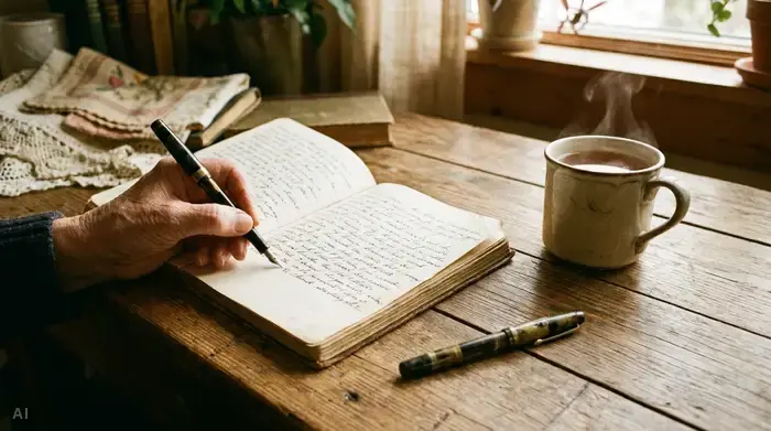 Ein aufgeschlagenes Notizbuch liegt neben einem Stift und einer Tasse Tee auf einem Holztisch. Eine ältere Hand schreibt sorgfältig Notizen auf. Gemütliche, helle Beleuchtung.