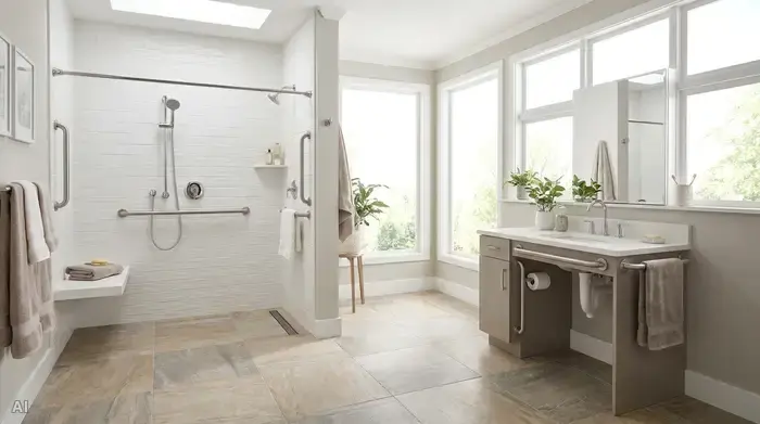Ein modernes, helles und barrierefreies Badezimmer mit einer ebenerdigen Dusche, Haltegriffen an der Wand und rutschfesten Fliesen. Sauber, sicher und komfortabel.