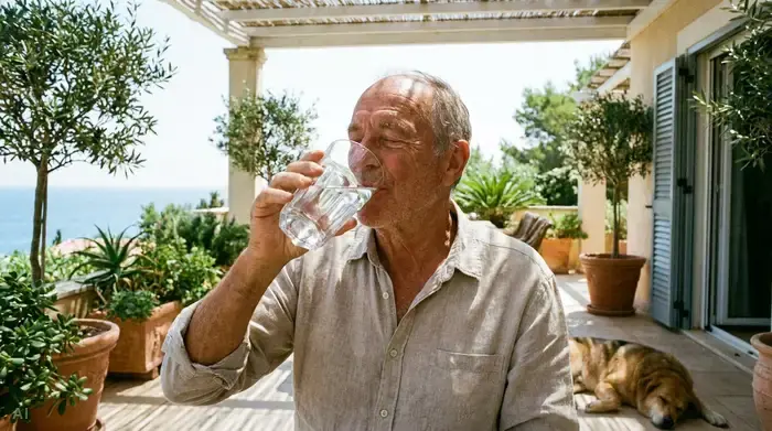 Ein älterer Herr trinkt genüsslich aus einem großen Glas frischem Wasser, während er auf einer sonnigen Terrasse sitzt. Entspannte und gesunde Atmosphäre.