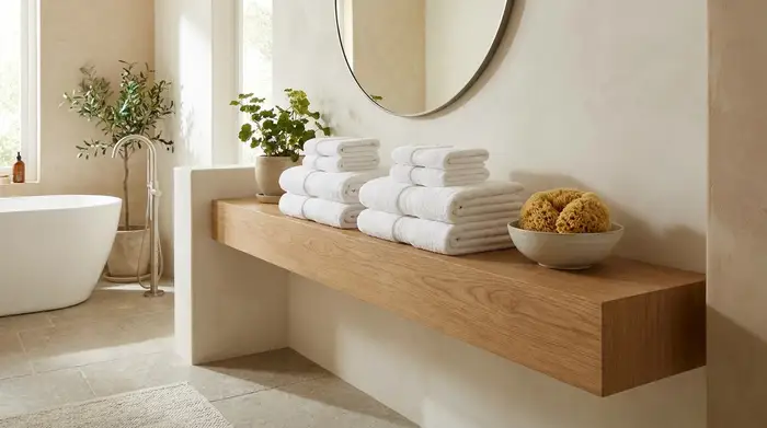 Ein sauberes, gut organisiertes Badezimmer in sanften Erdtönen. Auf einer eleganten Holzablage liegen ordentlich gefaltete, weiße und weiche Handtücher sowie ein frischer Naturschwamm bereit für die sanfte Körperpflege.
