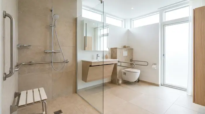 Ein modernes, barrierefreies und helles Badezimmer für Senioren. Eine geräumige, bodengleiche Dusche mit einem stabilen metallischen Haltegriff an der Wand und rutschfesten, beigefarbenen Fliesen sorgt für maximale Sicherheit.