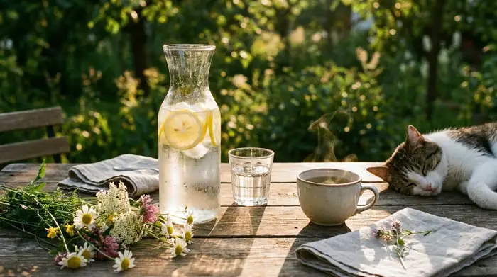 Ein stilvolles Arrangement auf einem Holztisch im Garten: Eine gläserne Karaffe gefüllt mit frischem Wasser und Zitronenscheiben, daneben ein gefülltes Wasserglas und eine Tasse Kräutertee im warmen Nachmittagslicht.
