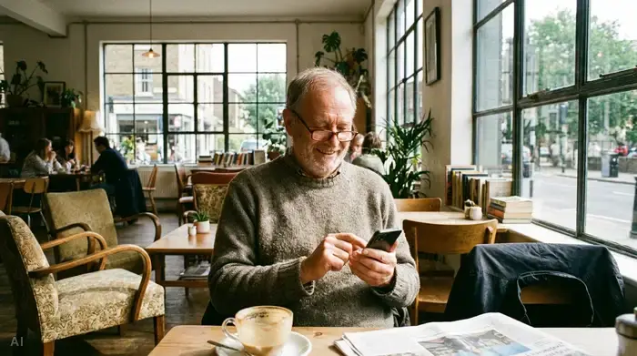 Ein älterer Mann sitzt gemütlich in einem Café und schaut entspannt auf sein Smartphone. Heller, freundlicher Raum mit großen Fenstern.