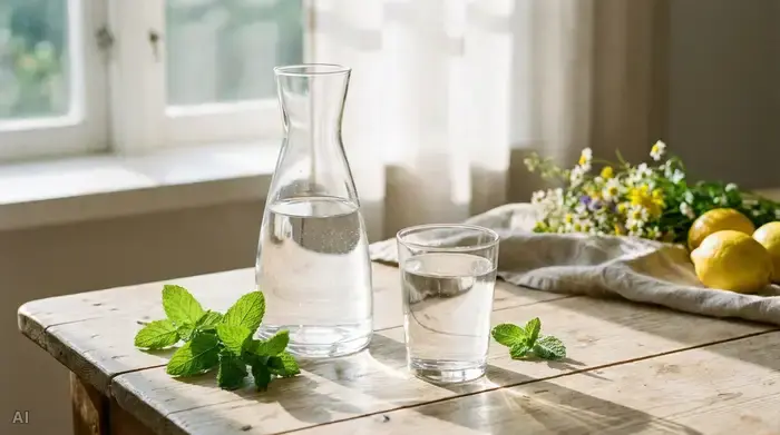 Ein ansprechendes Stillleben mit einer Glaskaraffe voll stillem Wasser, einem gefüllten Glas und frischer Minze auf einem hellen Holztisch. Sanftes Sonnenlicht fällt durch ein Fenster.