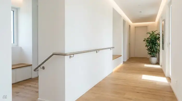 Ein moderner, gut ausgeleuchteter Flur in einem Wohnhaus mit einem stilvollen, unauffälligen Haltegriff an der Wand. Die Umgebung ist aufgeräumt, sicher und barrierefrei.