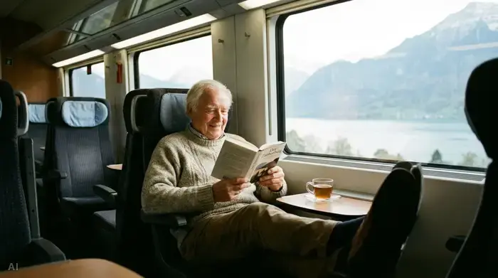Ein älterer Herr sitzt entspannt in einem modernen Zugabteil am Gangplatz, liest ein Buch und genießt die Reise. Gemütliche, ruhige Stimmung bei Tageslicht.