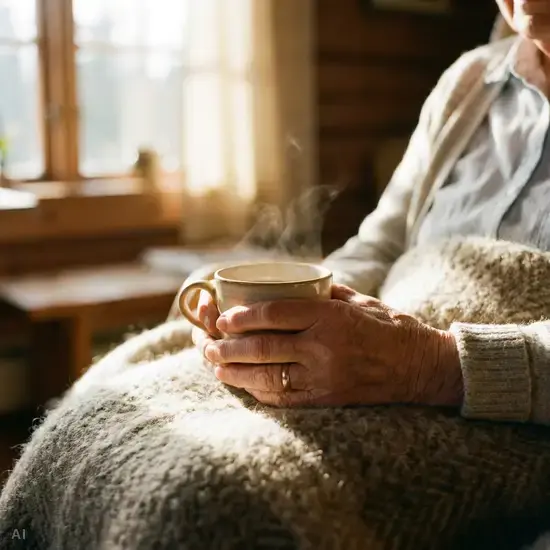 Nahaufnahme der Hände einer älteren Dame, die sanft eine warme Tasse Tee halten. Die Hände ruhen auf einer weichen Wolldecke in einem lichtdurchfluteten Raum. Fokus auf die Hände und die beruhigende, gemütliche Stimmung.