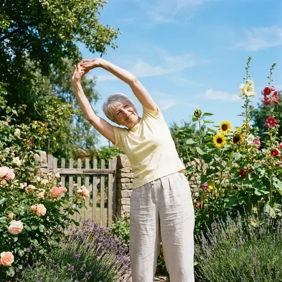 Eine aktive Seniorin mit grauen Haaren macht leichte Dehnübungen im Garten. Sie trägt bequeme, helle Kleidung. Im Hintergrund blühen bunte Blumen unter einem strahlend blauen Himmel.