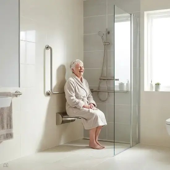 Eine glückliche ältere Frau sitzt in einem modernen, barrierefreien Badezimmer auf einem sicheren Duschklappsitz. Das Badezimmer ist hell gefliest, sauber und mit stilvollen Haltegriffen ausgestattet.