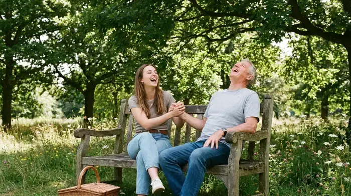Eine jüngere Frau und ein älterer Herr sitzen zusammen auf einer Parkbank unter grünen Bäumen und lachen herzlich. Sie genießen die gemeinsame, unbeschwerte Zeit in der Natur abseits des Pflegealltags.