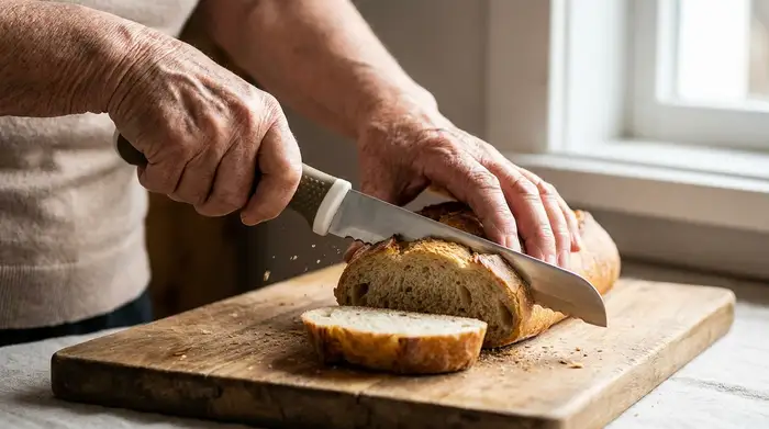 Nahaufnahme von Händen einer älteren Person, die ein ergonomisches L-Messer mit dickem, rutschfestem Griff benutzt, um ein knuspriges Brot auf einem rustikalen Holzbrett zu schneiden. Die Szene ist gut ausgeleuchtet und vermittelt Leichtigkeit.