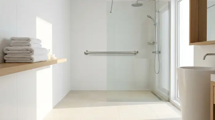 Ein aufgeräumtes, helles und modernes Badezimmer mit einer bodengleichen Dusche. An der weißen Wand ist ein eleganter, rutschfester Haltegriff aus gebürstetem Edelstahl angebracht. Auf einer Ablage liegen ordentlich gefaltete, frische Handtücher.
