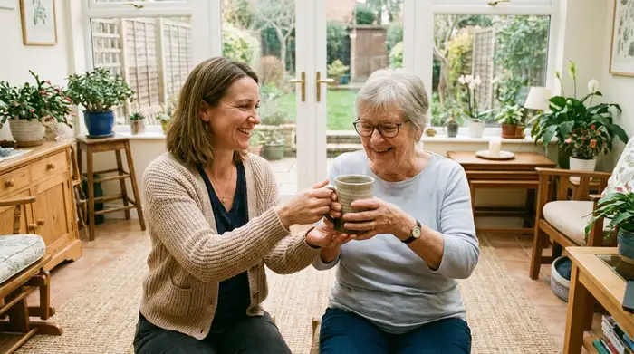 Eine freundliche Ergotherapeutin in einer hellen, gemütlichen Praxis zeigt einer älteren Patientin, wie sie eine schwere Keramiktasse gelenkschonend mit beiden Händen anhebt. Beide Frauen lächeln entspannt im Gespräch.