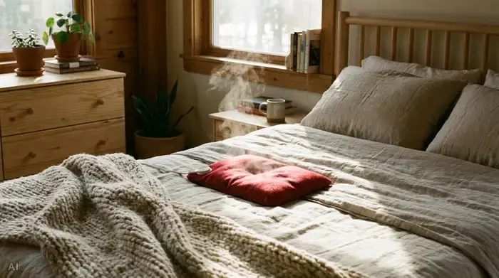 Ein rotes, wärmendes Kirschkernkissen liegt bereit auf einem ordentlich gemachten Bett in einem gemütlichen Schlafzimmer. Weiches Morgenlicht beleuchtet die Szene, die Ruhe und Vorbereitung ausstrahlt.