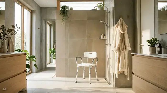 Ein modernes, helles Badezimmer mit einer bodengleichen Dusche. In der Dusche steht ein stabiler, weißer Duschhocker mit Armlehnen auf rutschfesten Fliesen. Ein flauschiger Bademantel hängt griffbereit an der Wand.
