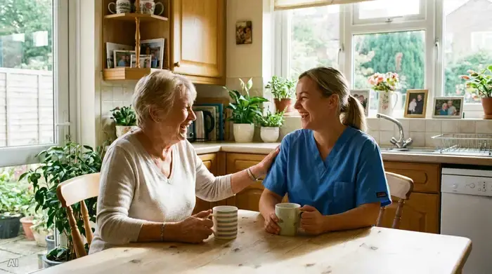 Eine entspannte Unterhaltung zwischen einer älteren Dame und einer freundlichen ambulanten Pflegekraft in blauer Berufskleidung. Beide sitzen bei einer Tasse Tee am hellen Küchentisch und lachen gemeinsam.